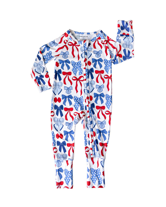Bamboo Zip Romper | Red-White & Bows