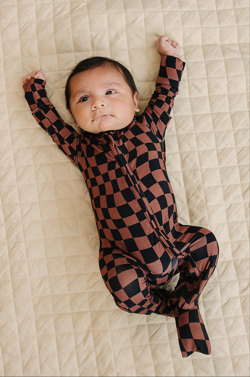 Bamboo Zip Romper | Chocolate Wavy Checkered