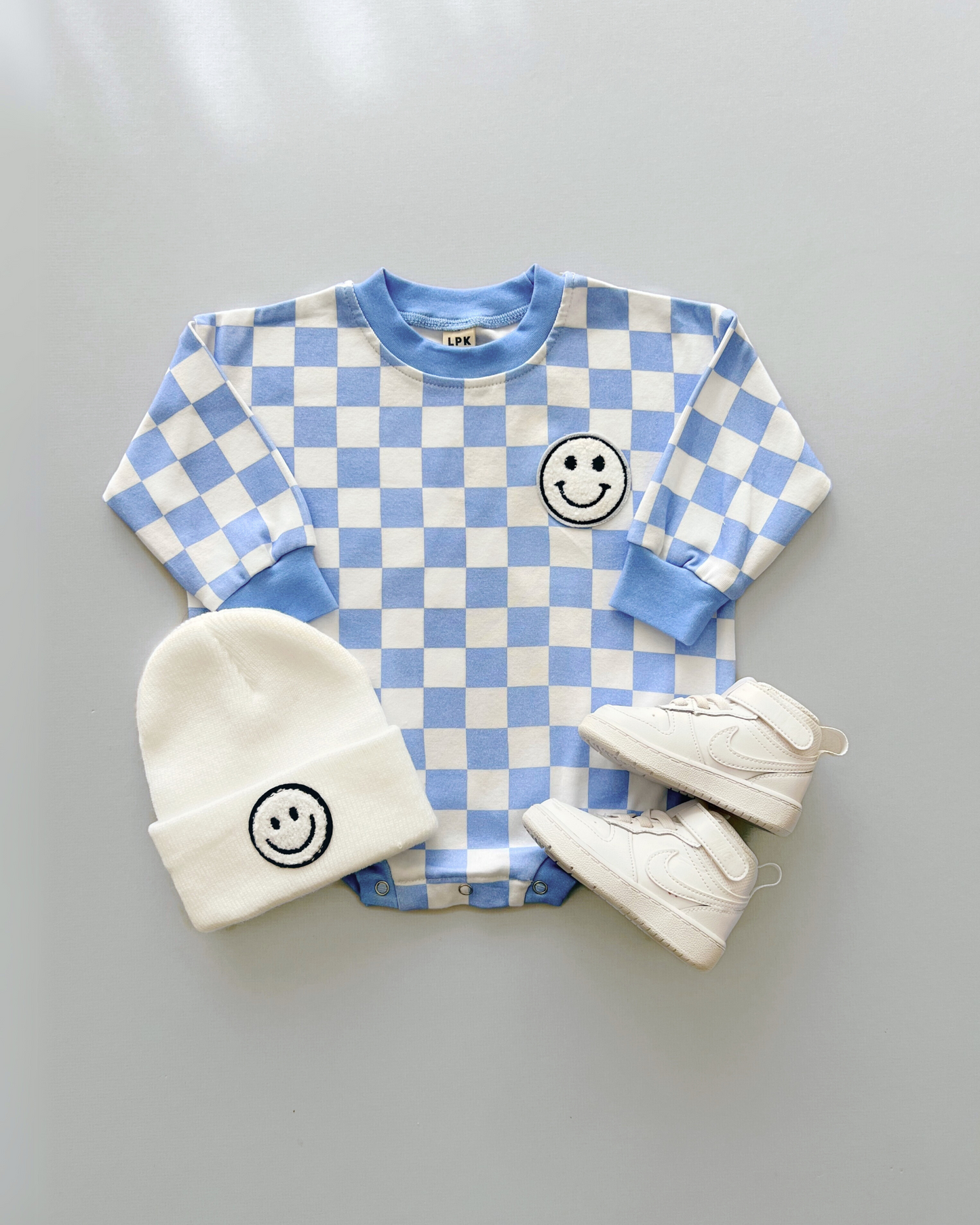 Bubble Romper | Checkered Smiley Blue