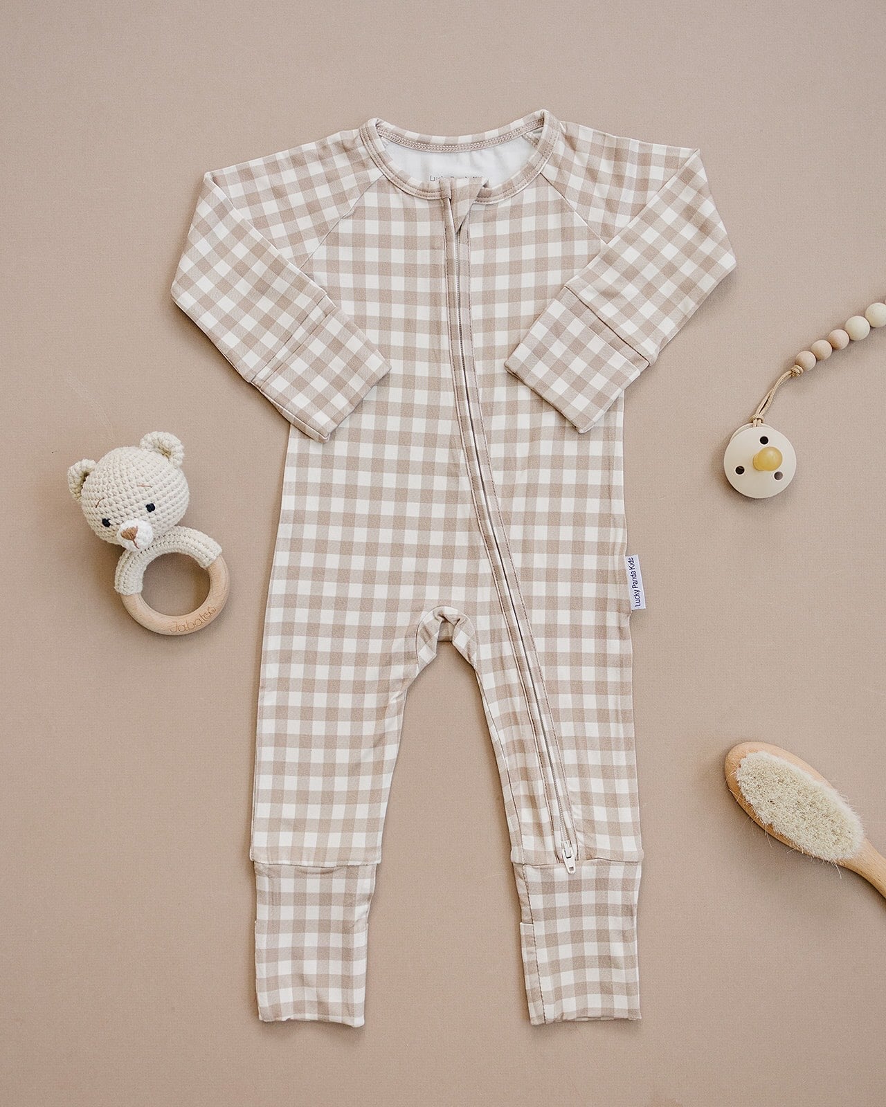 Bamboo Zip Romper | Beige Gingham