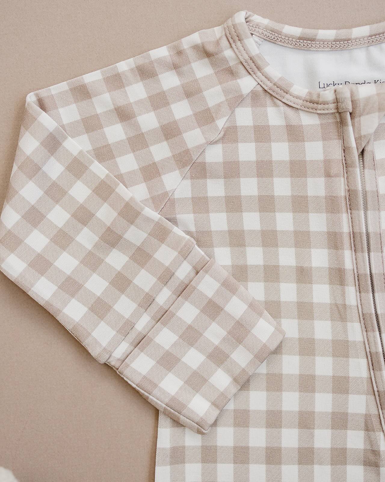 Bamboo Zip Romper | Beige Gingham