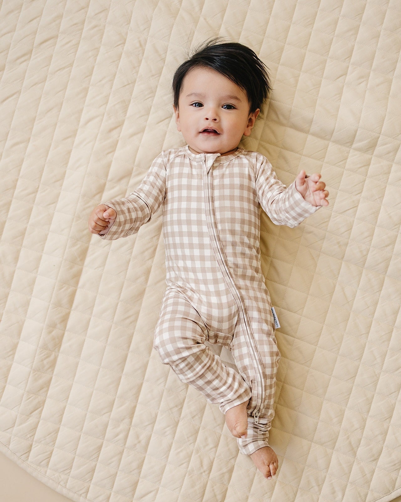 Bamboo Zip Romper | Beige Gingham
