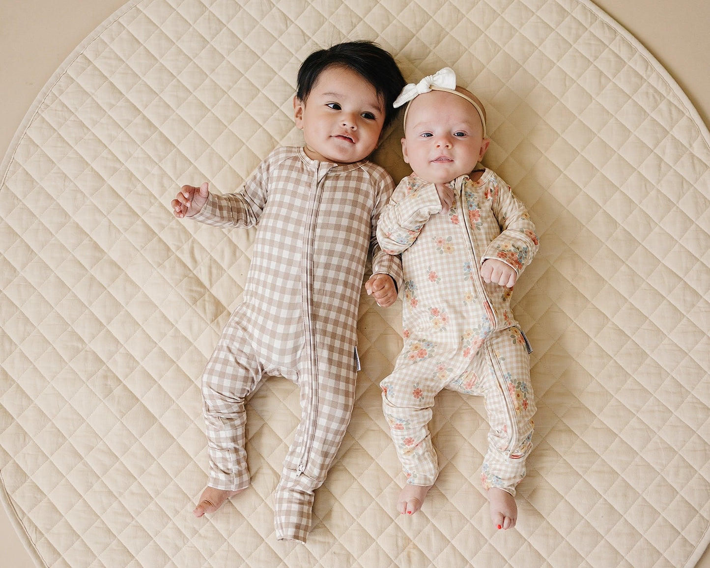 Bamboo Zip Romper | Beige Gingham
