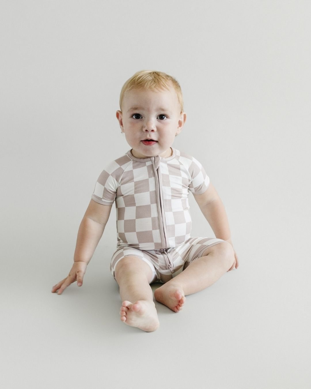 Bamboo Shorty Romper | Latte Checkered